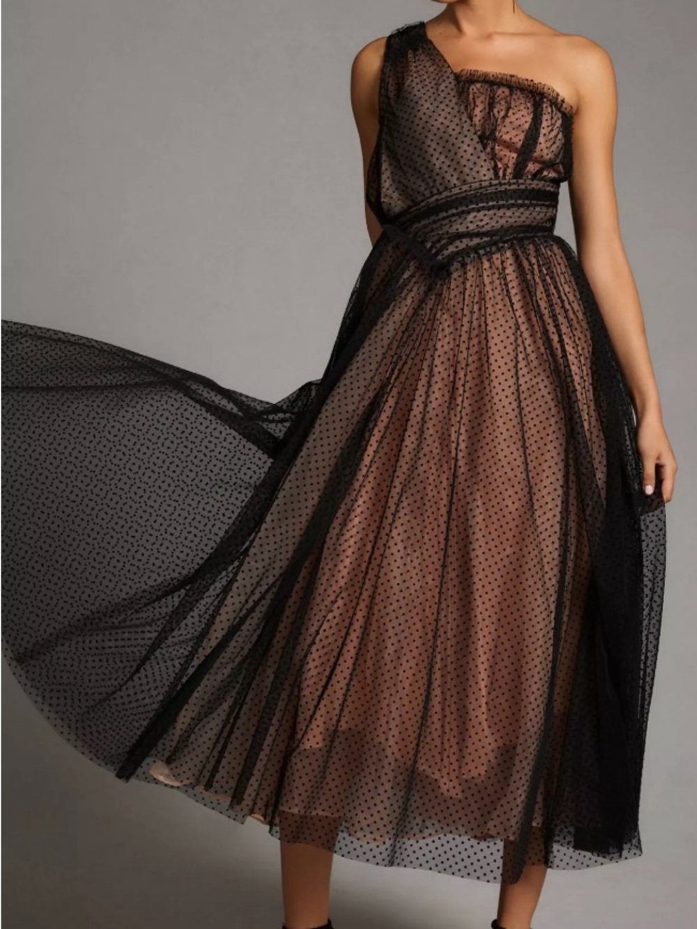 Anthropologie Black Polka Dot One-Shoulder Tulle Dress with Nude Lining